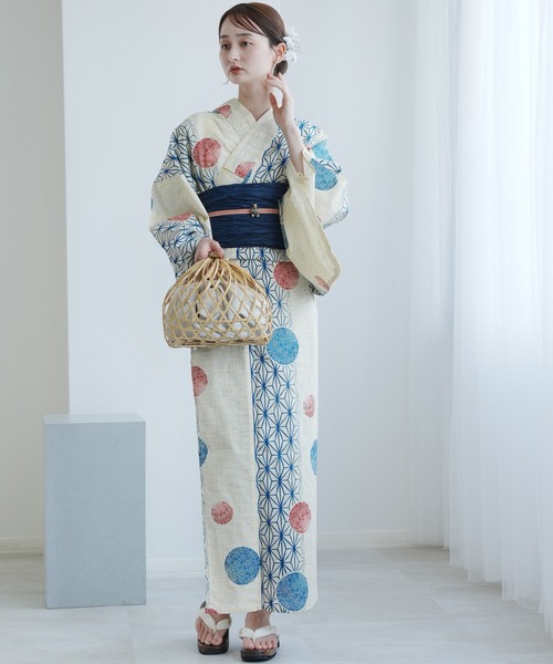 utatane 浴衣 浴衣3点セット 綿麻 紺色の麻の葉と鞠 レディース
