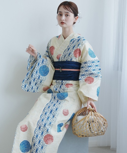 utatane 浴衣 浴衣3点セット 綿麻 紺色の麻の葉と鞠 レディース