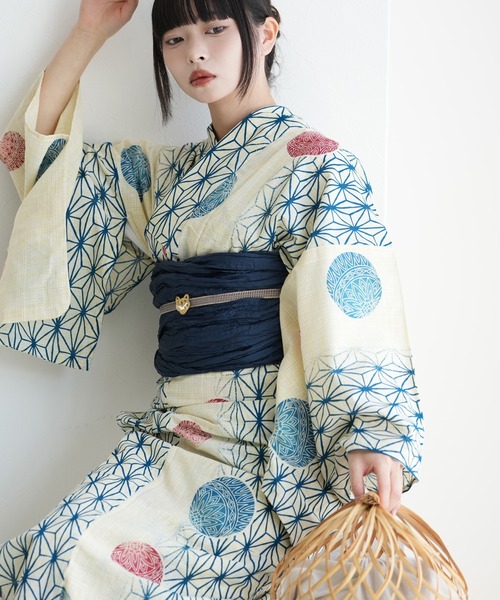 青色幾何学模様 浴衣 単品 麻の葉 綿 麻 花火 盆踊り utatane 浴衣 浴衣3点セット 綿麻 紺色の麻の葉と鞠 レディース