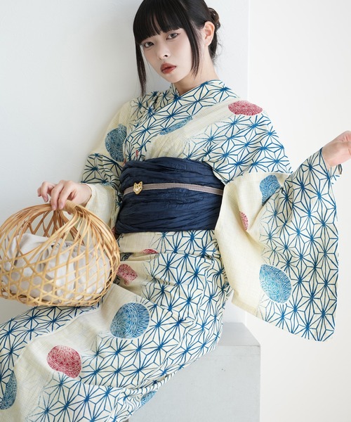 utatane 浴衣 浴衣3点セット 綿麻 紺色の麻の葉と鞠 レディース