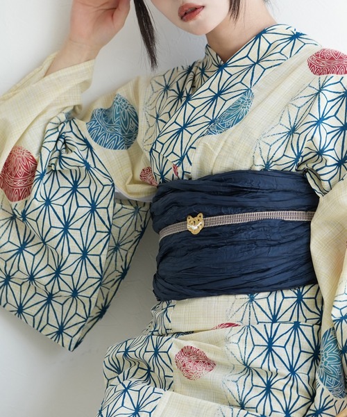 utatane 浴衣 浴衣3点セット 綿麻 紺色の麻の葉と鞠 レディース