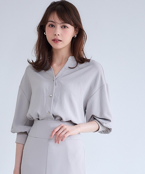 ブラウス シャツ 袖先リブキーネックシャツ レディース