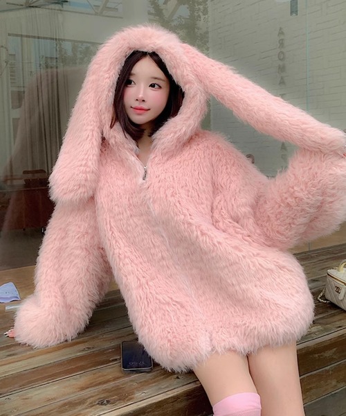 Mejoul ブルゾン アウター もこもこ うさみみ ボアファージップ Mejoul ブルゾン アウター もこもこ うさみみ ボアファージップ