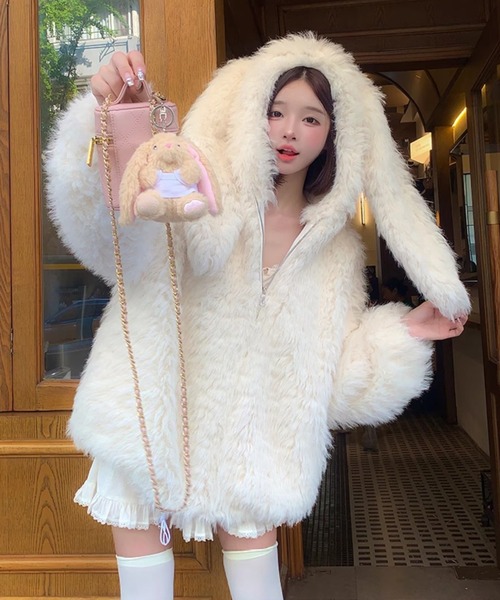 未使用 モコモコパーカー♪ Mejoul ブルゾン アウター もこもこ うさみみ ボアファージップ