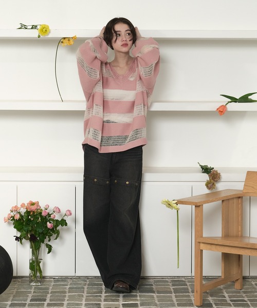 新品未使用　ストライプニットセーター ピンク/ベージュ loin nuit ニット セーター sheer stripe knit / シアーストライプ