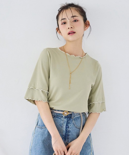 mil tシャツ 前後2way 配色メロウ半袖（5分袖）トップス