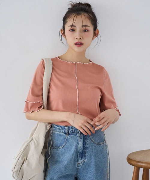 mil tシャツ 前後2way 配色メロウ半袖（5分袖）トップス