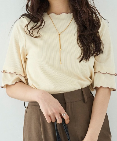 mil tシャツ 前後2way 配色メロウ半袖（5分袖）トップス