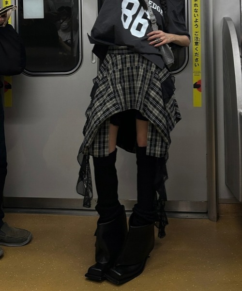 gossip!ロサンゼルス スカート Y2Kガーリー＊レース×チェック アシメ