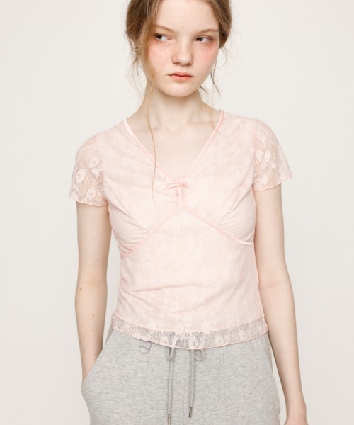 tシャツ V/N VELOURS TAPE LACE TOPS ヴイネック ベロア テープ レース トップス 夏服 半袖 レディース V/N VELOURS TAPE LACE TOPS ヴイネック ベロア テープ レース