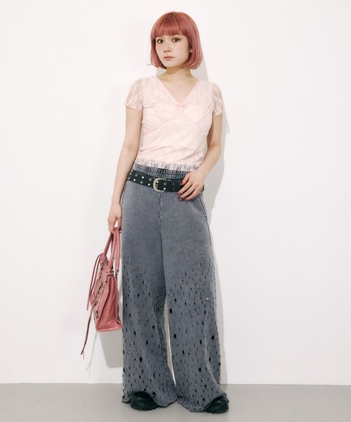 tシャツ V/N VELOURS TAPE LACE TOPS ヴイネック ベロア テープ レース トップス 夏服 半袖 レディース SLY tシャツ V/N VELOURS TAPE LACE TOPS ヴイネック ベロア