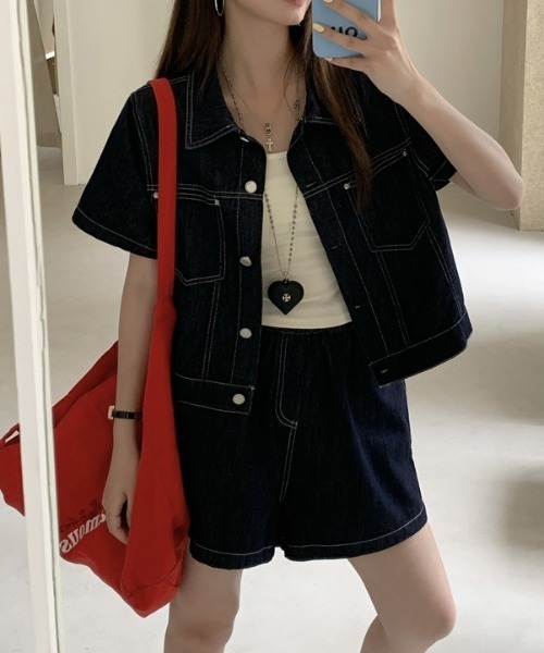 【新品・袋未開封】ファーデニムセットアップ セットアップ クロップド丈デニムジャケットセットアップ