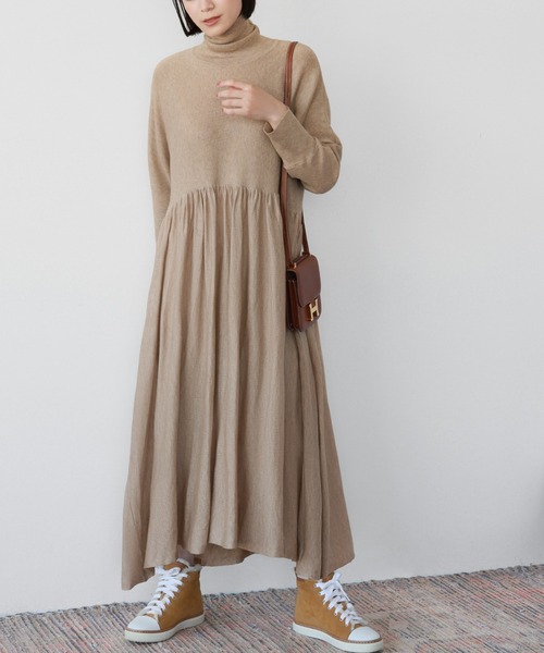 ELFRANK ワンピース タートルネック ロング ニット ワンピース