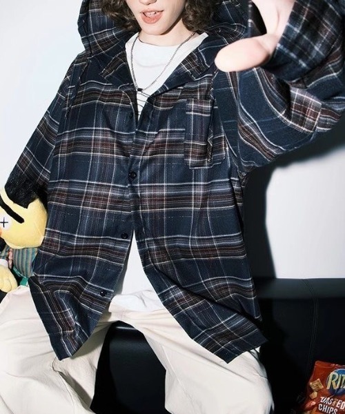 FreeZone パーカー チェック柄フード付きシャツ メンズ