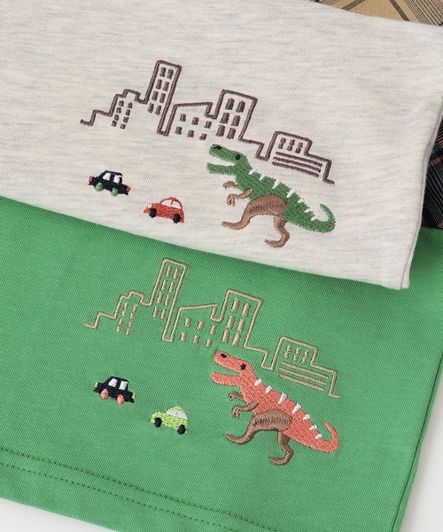 kladskap（クレードスコープ） tシャツ 恐竜と街チェック切替長袖T