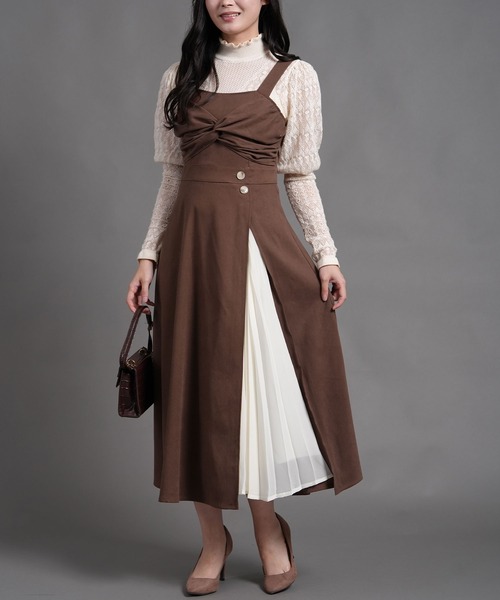 Nohea ジャンパースカート スェード前ツイスト左前プリーツ切替