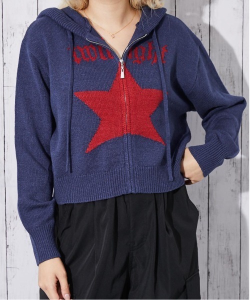 パーカー 「星モチーフ×ジップアップ」レディース ニットパーカー