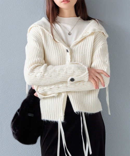 ニット セーター リボンデザインミックスニットカーデ レディース