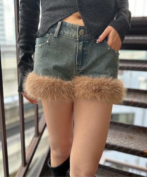 パンツ 「裾ファー付き×デニム素材」デニムショートパンツ／秋冬Y2K