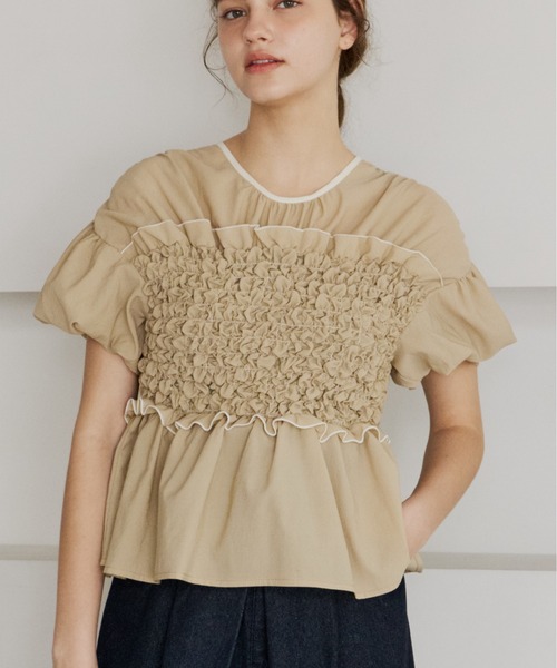 OLUN シャーリングフリルトップス OLUN tシャツ 半袖 shirring frill top/シャーリングフリルトップス