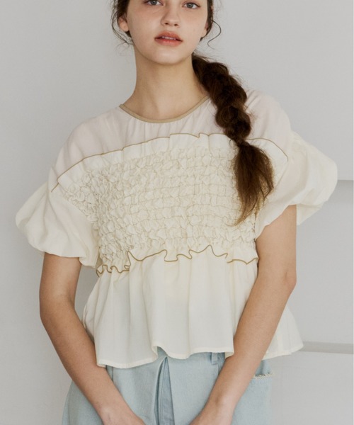 OLUN tシャツ 半袖 shirring frill top/シャーリングフリルトップス