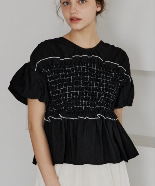 OLUN tシャツ 半袖 shirring frill top/シャーリングフリルトップス