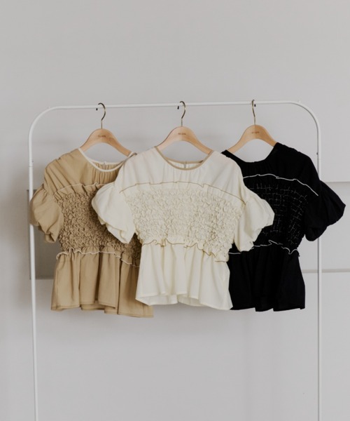 OLUN tシャツ 半袖 shirring frill top/シャーリングフリルトップス