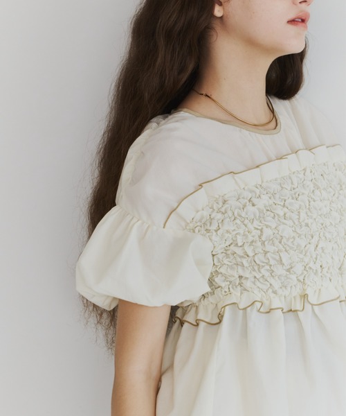 OLUN tシャツ shirring frill top/シャーリングフリルトップス 