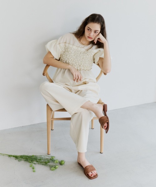 OLUN tシャツ shirring frill top/シャーリングフリルトップス 