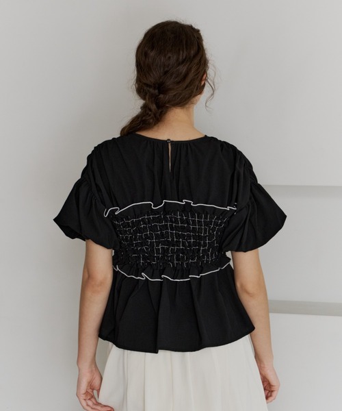 OLUN tシャツ 半袖 shirring frill top/シャーリングフリルトップス 