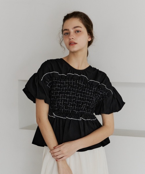 OLUN tシャツ 半袖 shirring frill top/シャーリングフリルトップス