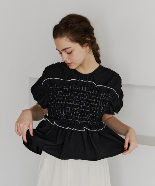 OLUN tシャツ 半袖 shirring frill top/シャーリングフリルトップス