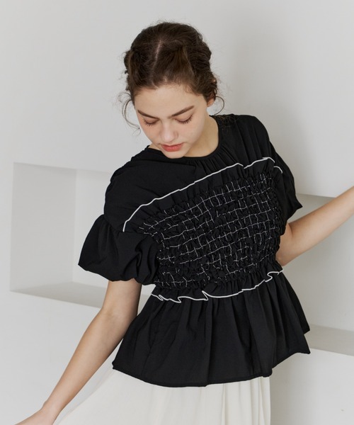 OLUN tシャツ 半袖 shirring frill top/シャーリングフリルトップス