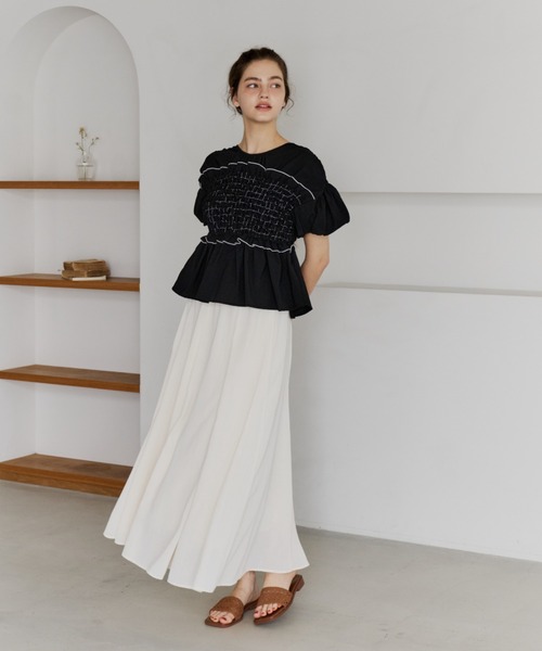 OLUN tシャツ 半袖 shirring frill top/シャーリングフリルトップス