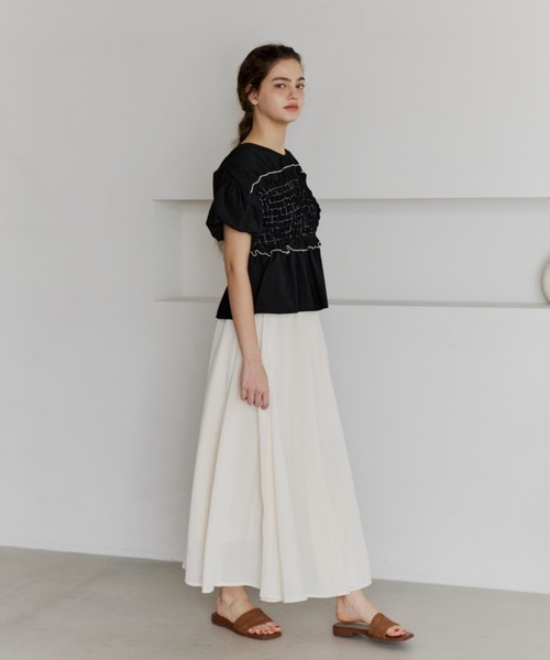 OLUN tシャツ 半袖 shirring frill top/シャーリングフリルトップス