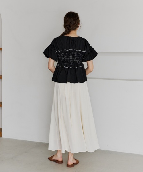 OLUN tシャツ 半袖 shirring frill top/シャーリングフリルトップス