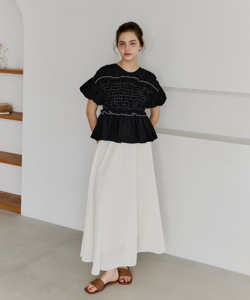 OLUN tシャツ 半袖 shirring frill top/シャーリングフリルトップス