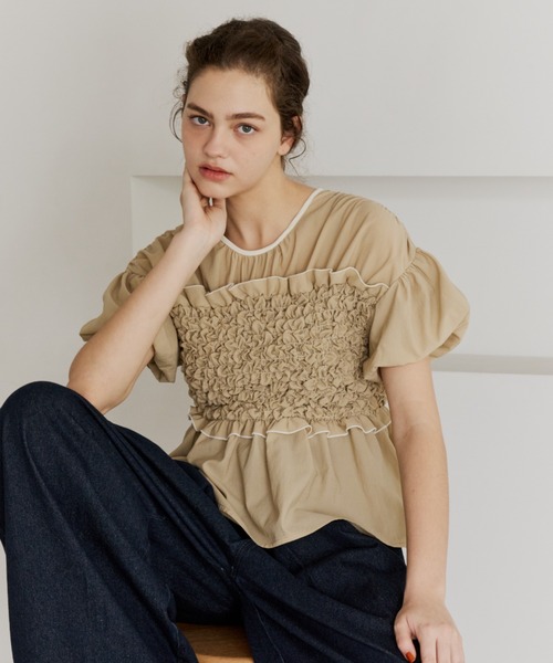 OLUN tシャツ shirring frill top/シャーリングフリルトップス 