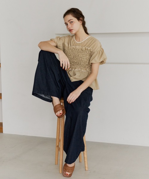 OLUN tシャツ shirring frill top/シャーリングフリルトップス 