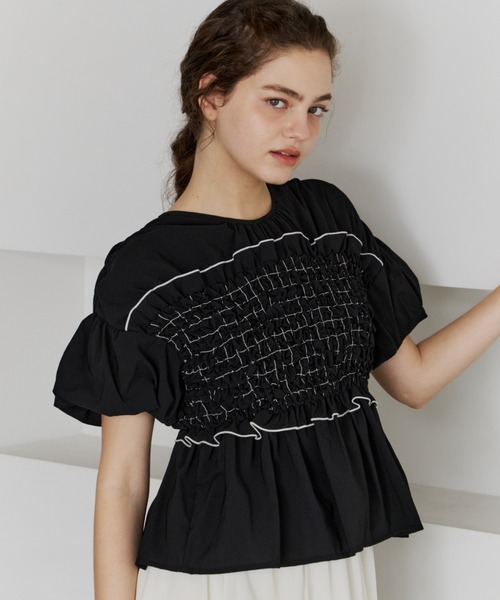 新品　OLUN shirring frill top/シャーリングフリルトップス OLUN tシャツ 半袖 shirring frill top/シャーリングフリルトップス