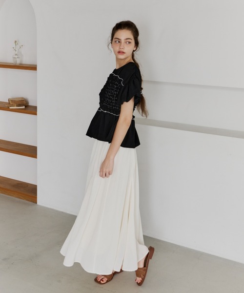 OLUN tシャツ 半袖 shirring frill top/シャーリングフリルトップス