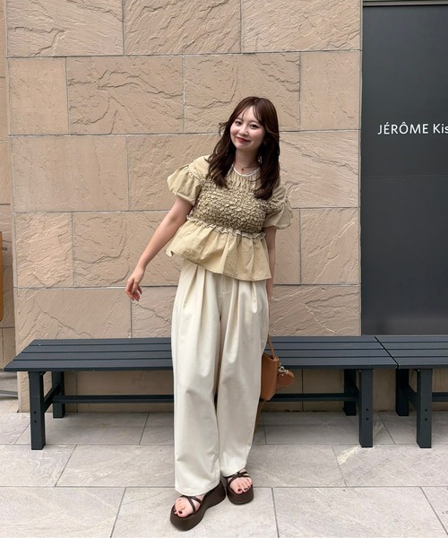 OLUN tシャツ 半袖 shirring frill top/シャーリングフリルトップス