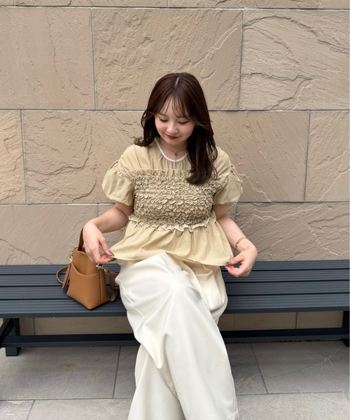 OLUN tシャツ 半袖 shirring frill top/シャーリングフリルトップス