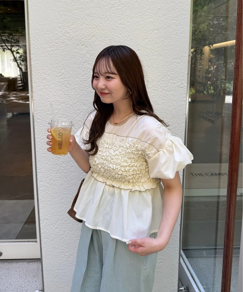 OLUN tシャツ 半袖 shirring frill top/シャーリングフリルトップス