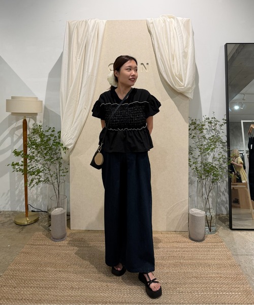 OLUN tシャツ 半袖 shirring frill top/シャーリングフリルトップス