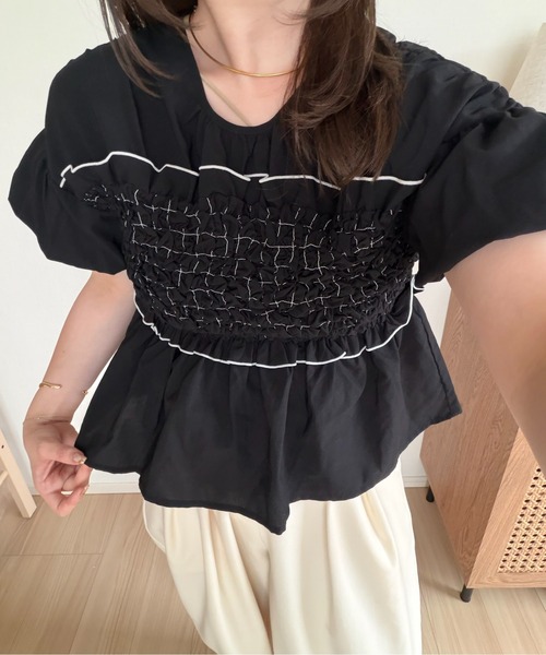 OLUN tシャツ 半袖 shirring frill top/シャーリングフリルトップス
