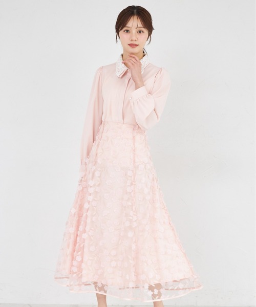 【新品】モニーレ スパンコール 刺繍 シアー フレアスカート ボタニカル ピンク tocco closet（トッコ クローゼット） スカート 立体フラワーモチーフ