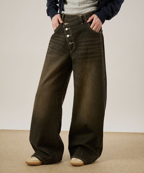 hazyl ワイドパンツ ジーンズ デニム デニムパンツ cross waist curve