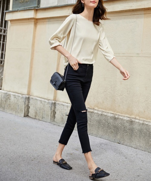 シャツ/ブラウス(長袖/七分) Rito 2way cotton short shirt 2WAYフロントタック七分袖ブラウス【UVカット・洗濯機OK