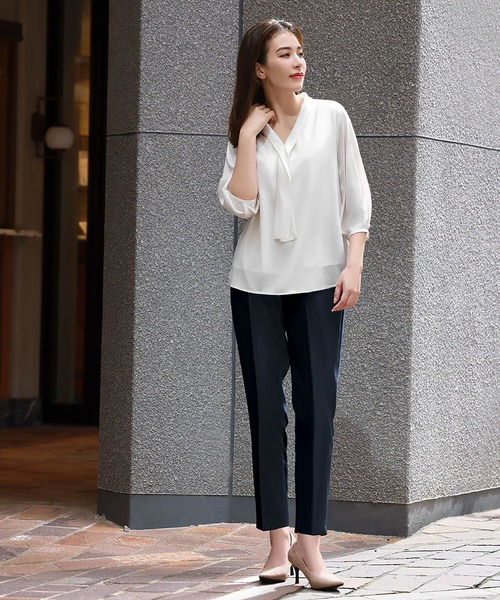 Flolia ブラウス シャツ Vネックボウタイ風シフォン七分袖